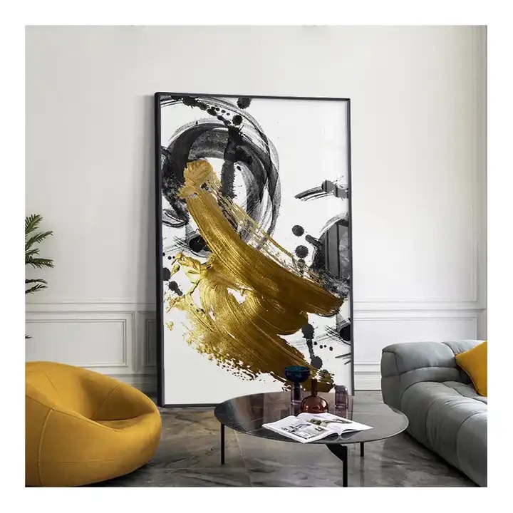 Poster - Minimalistische zwarte gouden dikke borstel kunst aan de muur