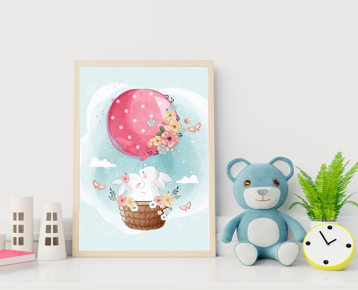 Poster - Konijntjes in de mand met ballonnen en bloemen