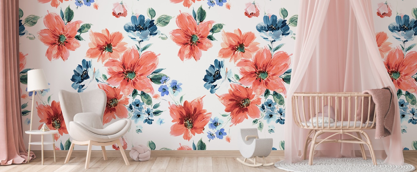 Papel Pintado - Autoadhesivo / Patrón floral / Naranja y Azul / Pelar y pegar