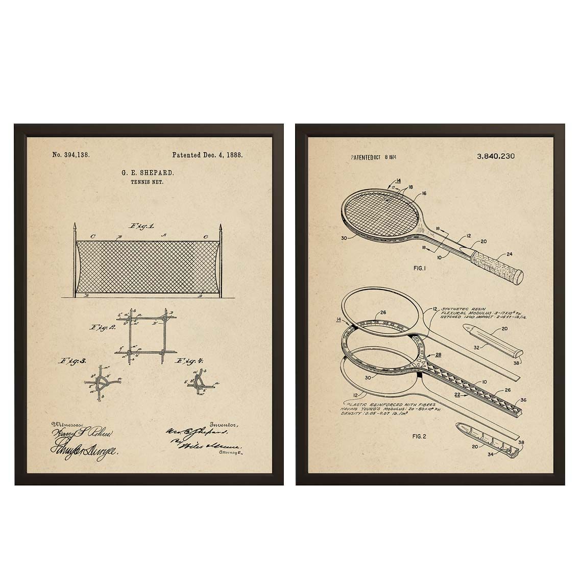 Patenttekening Poster - Tennisracket en Net / Set van 2