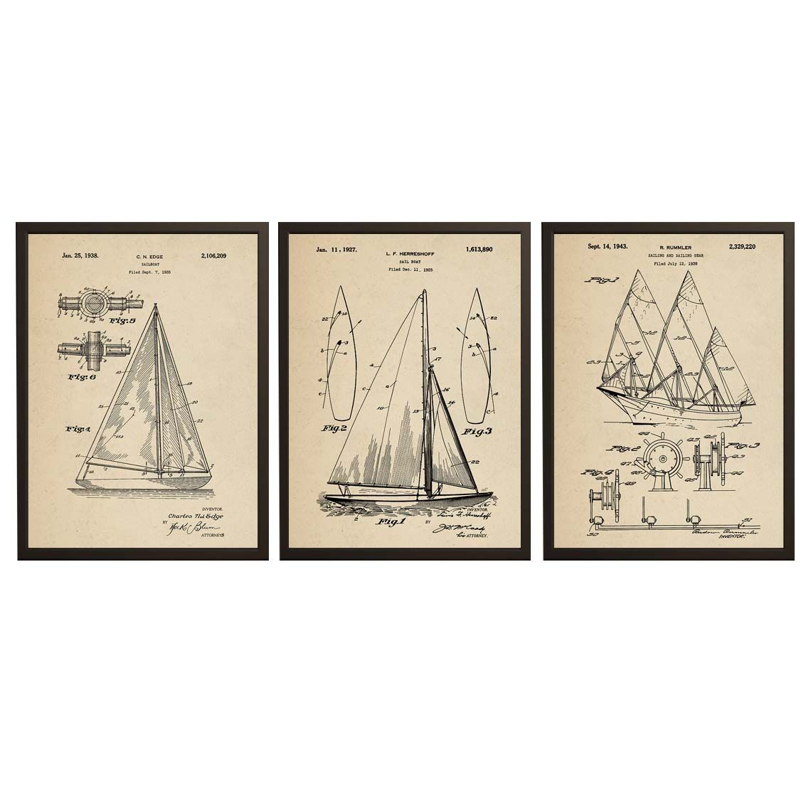 Patenttekening Poster - Zeilboot Blauwdruk / Set van 3