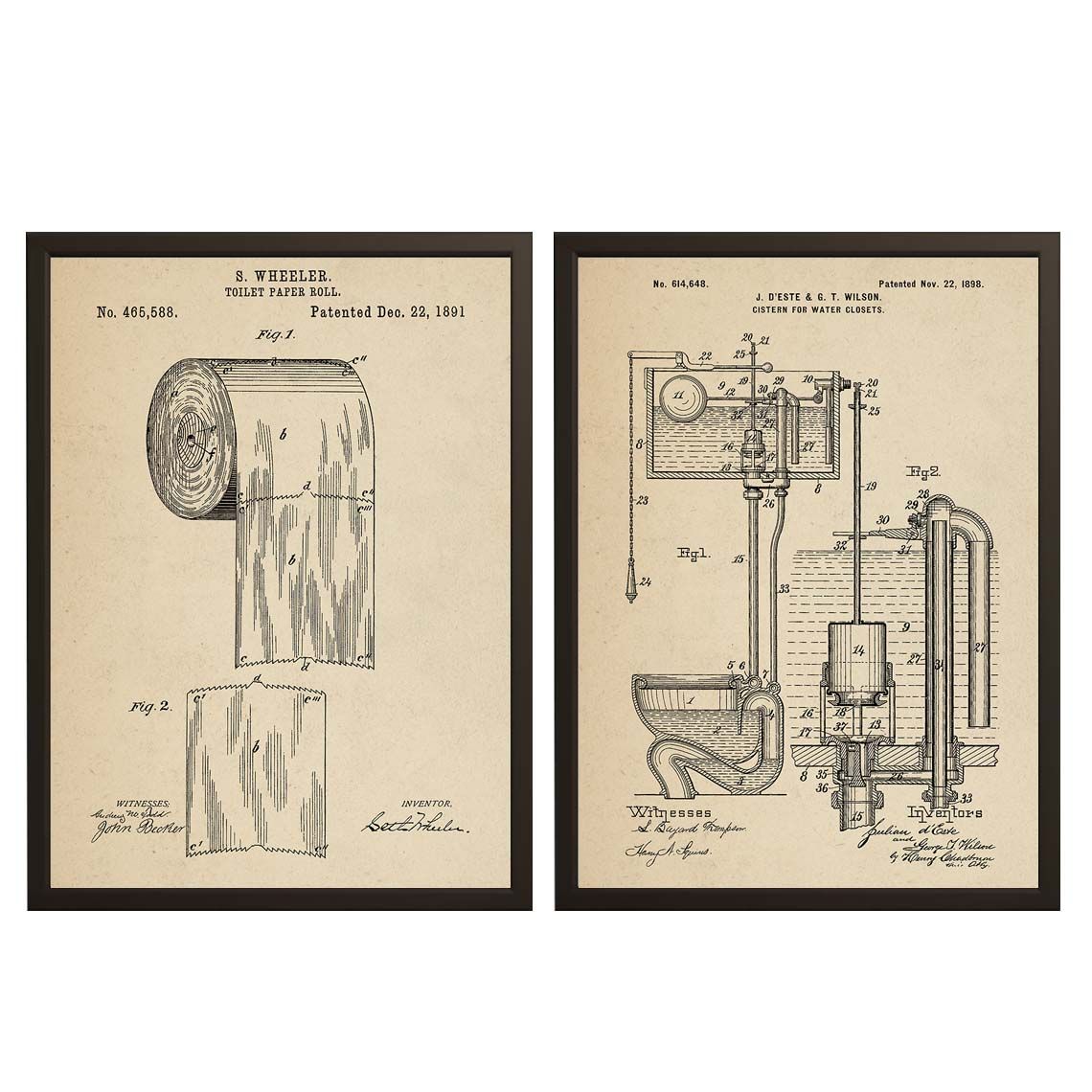 Oorspronkelijke Patenttekening Poster - Toiletpapier en Reservoir / Set van 2