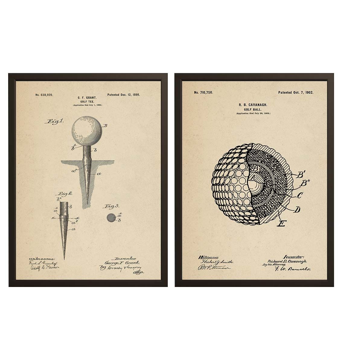 Patenttekening Poster - Golfbal en Tee / Set van 2