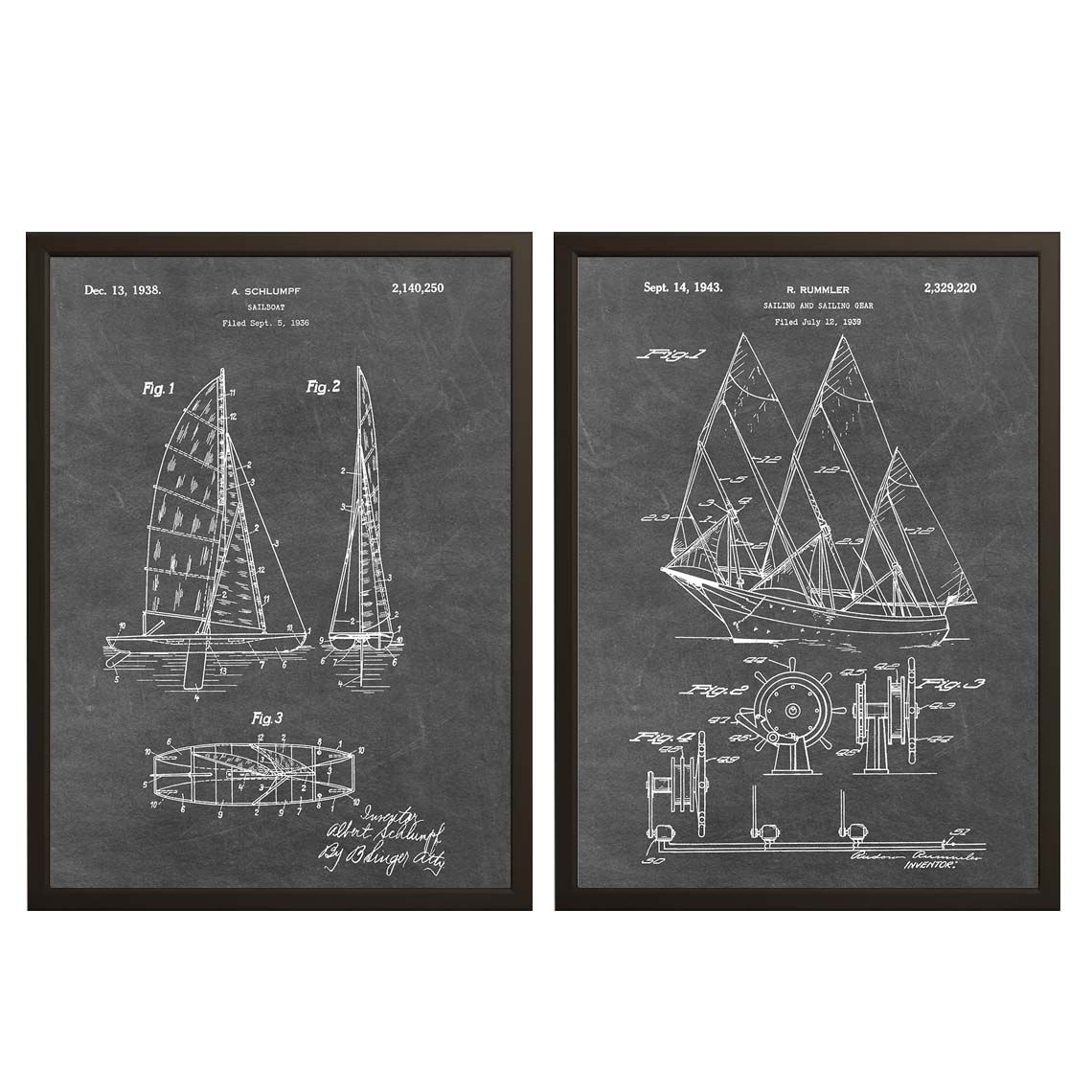 Patenttekening Poster - Zeilboot en Uitrusting / Set van 2