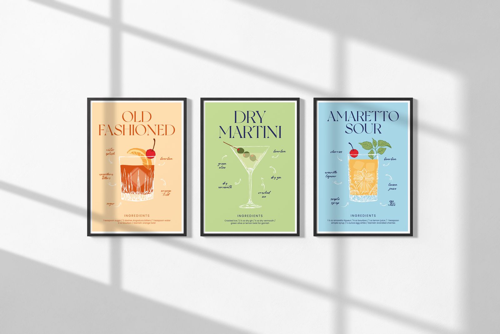 Poster - Old Fashioned, Dry Martini, Amaretto Sour / Set van 3