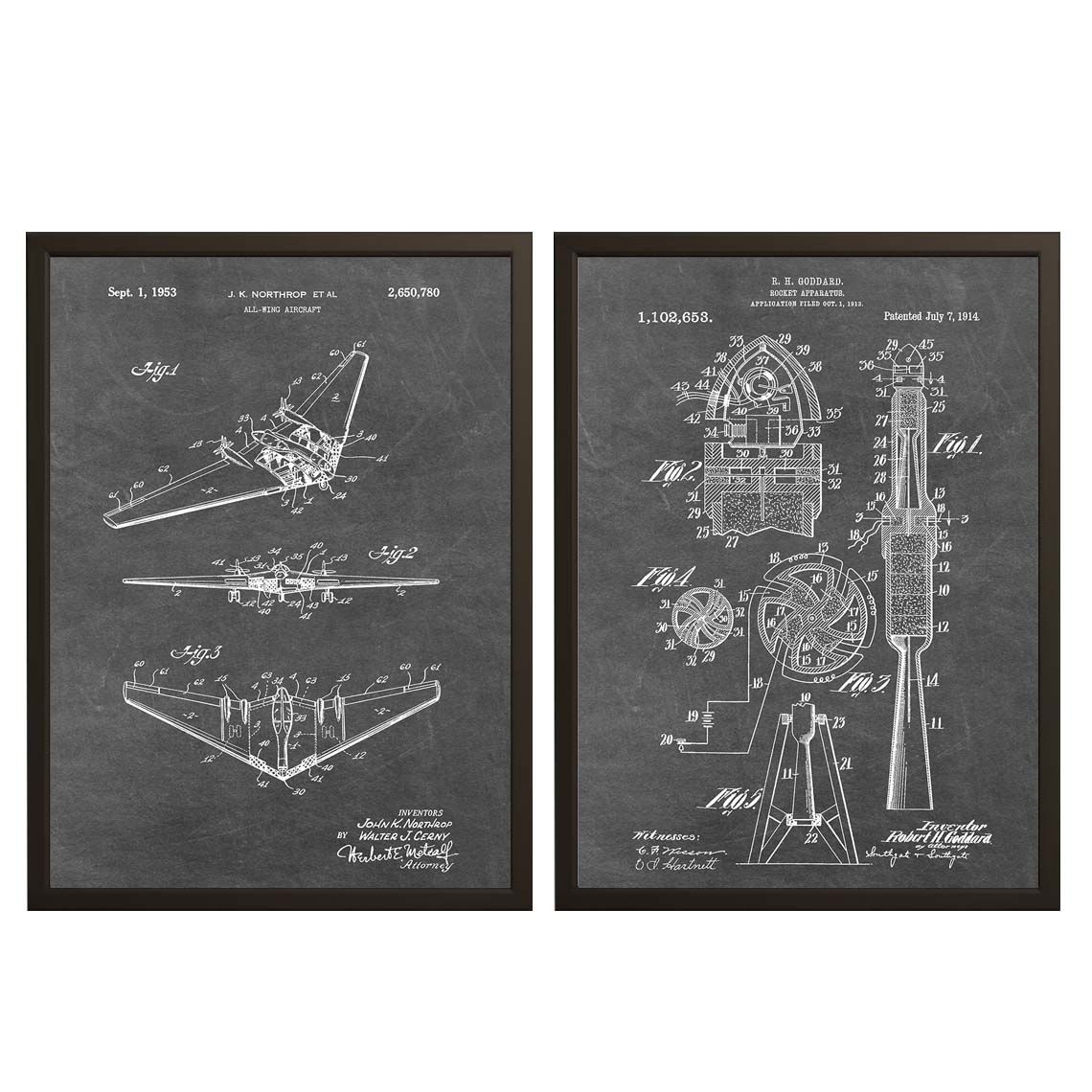 Patenttekening Poster - Raket en Vliegtuig Set van 2