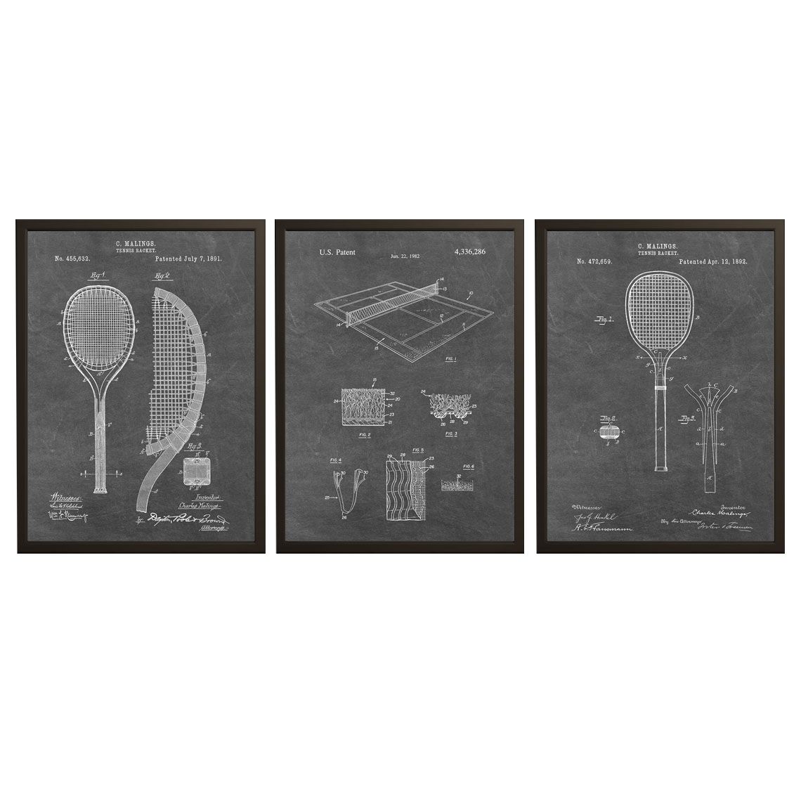 Patenttekening Poster - Tennisracket en Baan / Set van 3