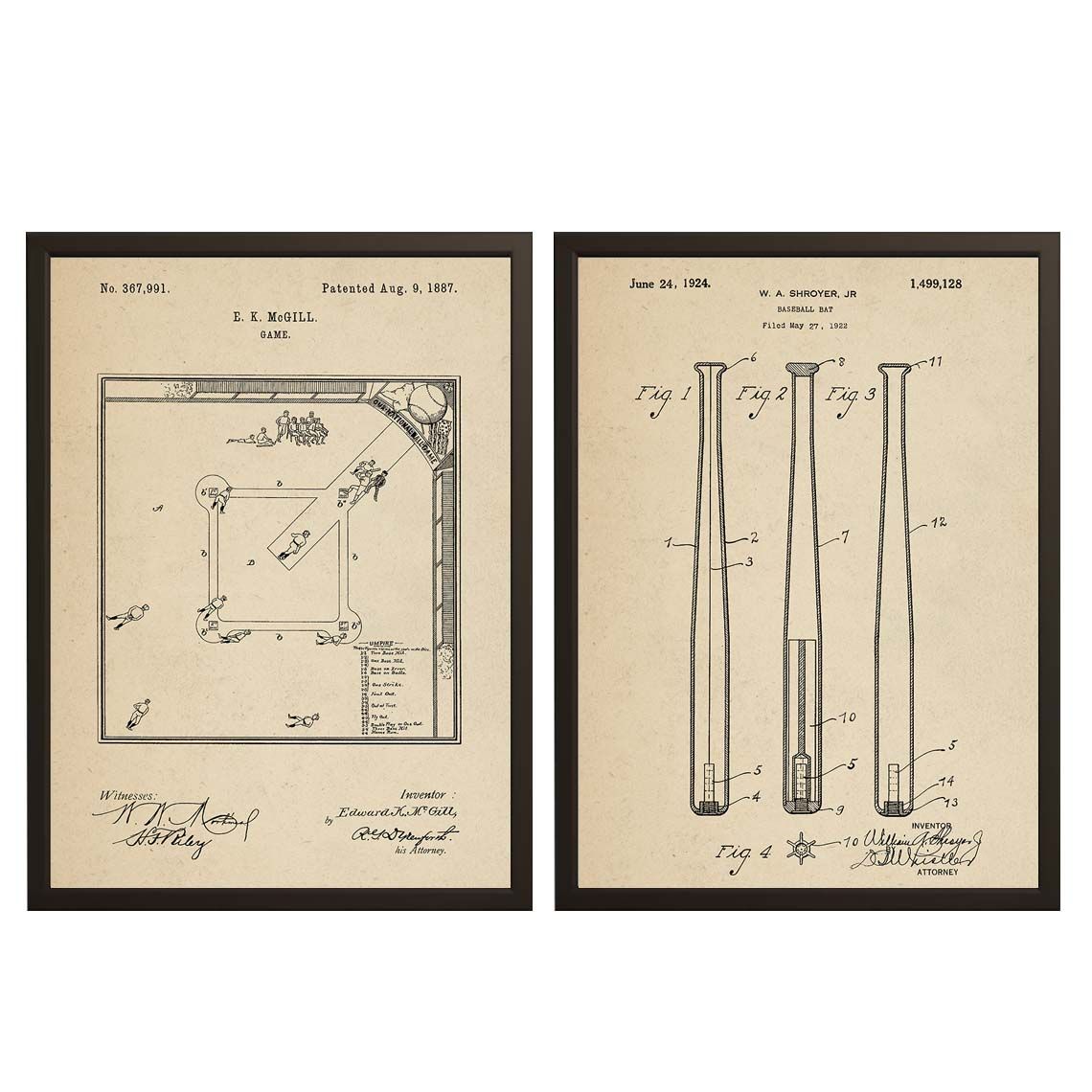 Patenttekening Poster - Honkbal Knuppel en Spel / Set van 2